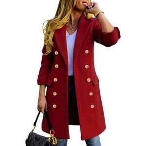 Double-Breasted Red Pea Coat - Women's Tailored Long Overcoat